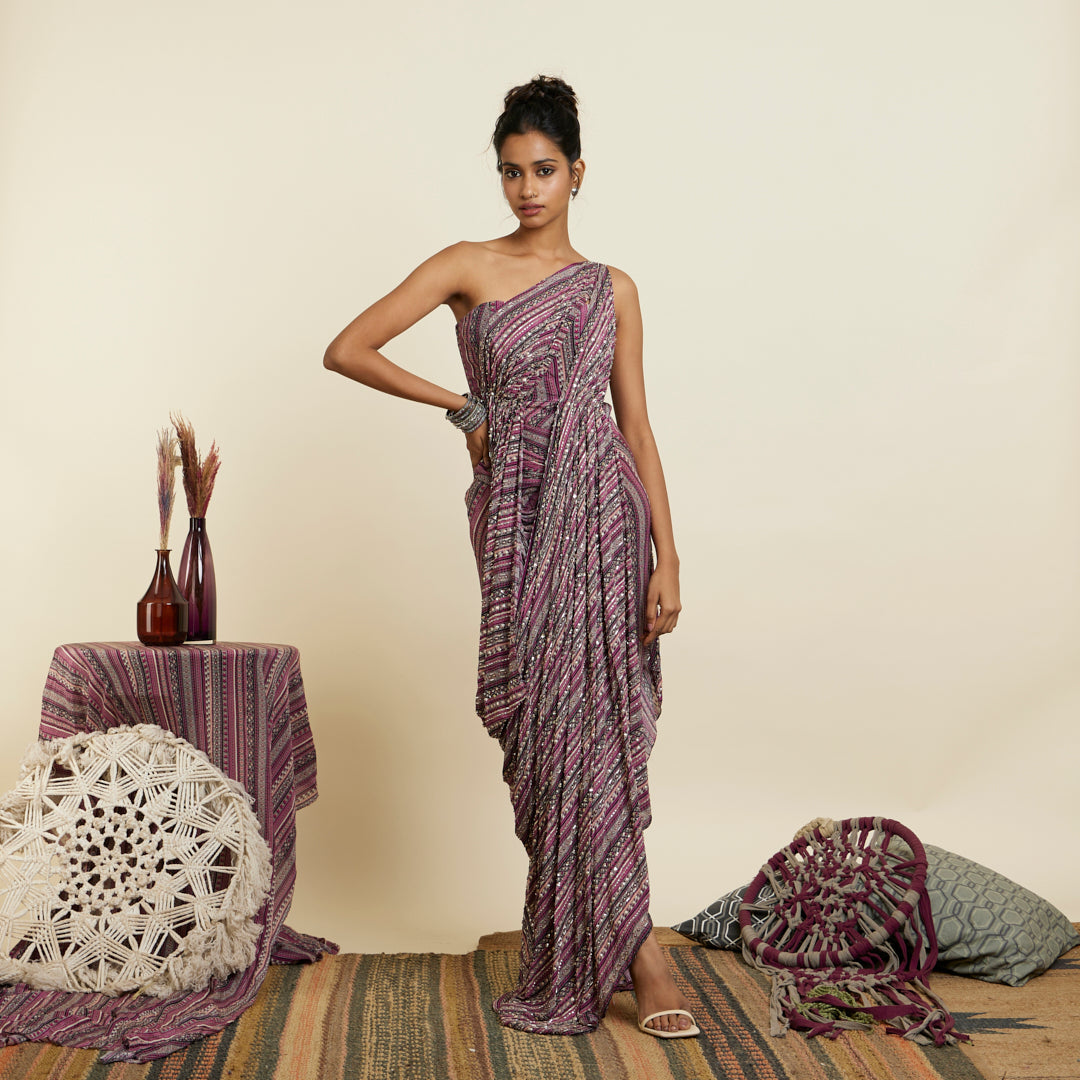 Buy Dark Pink And Green Satin Predape Saree Dress Online - W for Woman